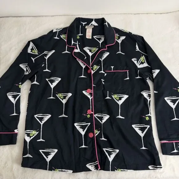 BedHead Martini Pajamas Long Sleeve Pants Black Pink Cotton Women’s L - Picture 2 of 6